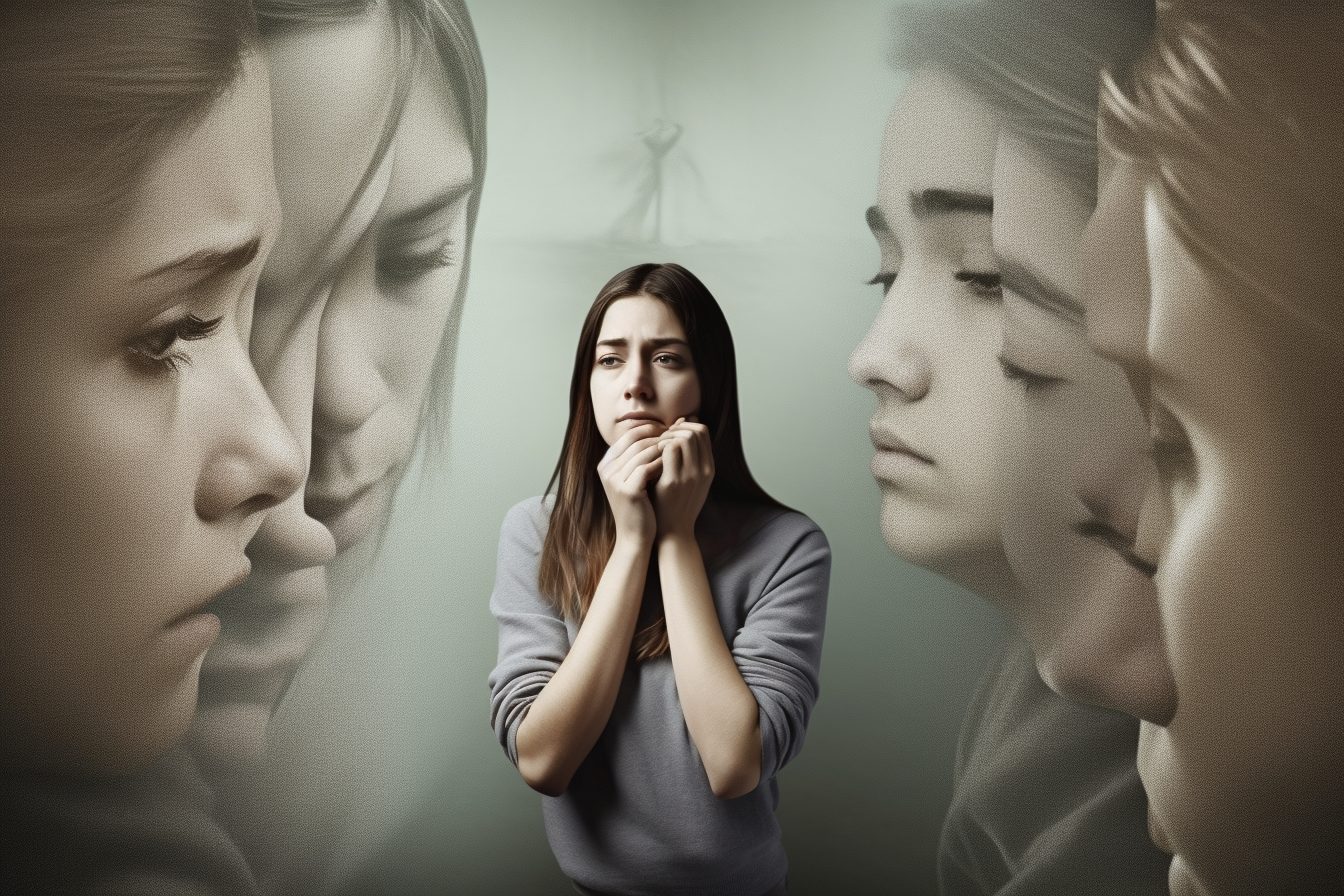 A person experiencing worry and a symbolic barrier, set against a background of life events triggering anxiety