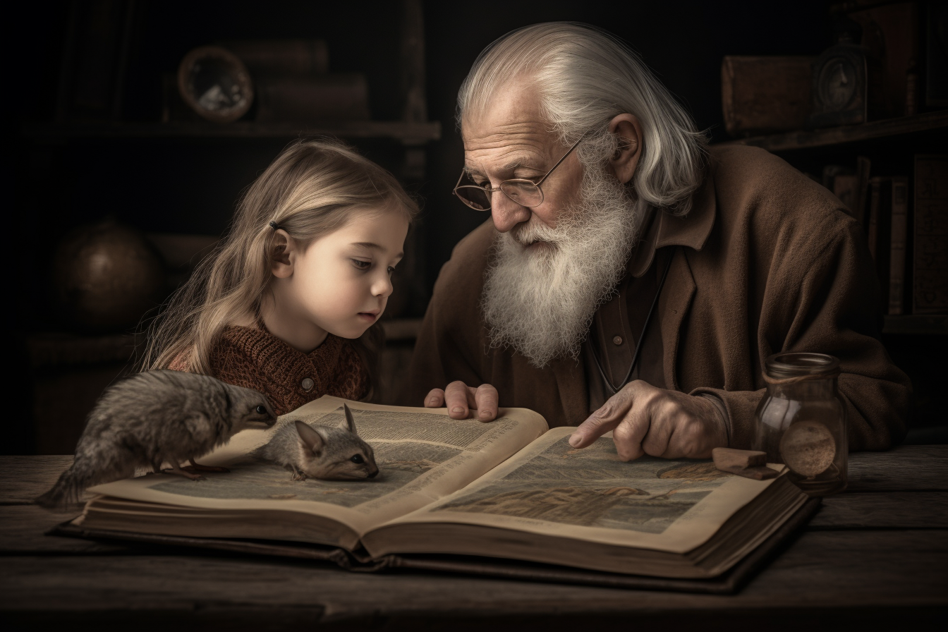 An older man reading to his grandchild from an open book with characters and scenes emerging from the book