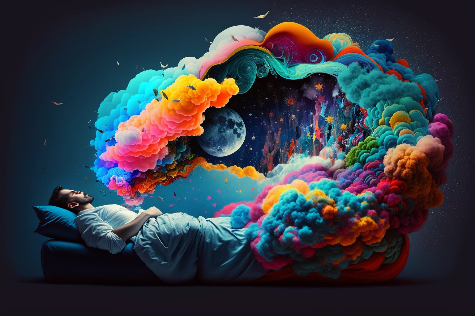 Man in bed having a very colorful dream