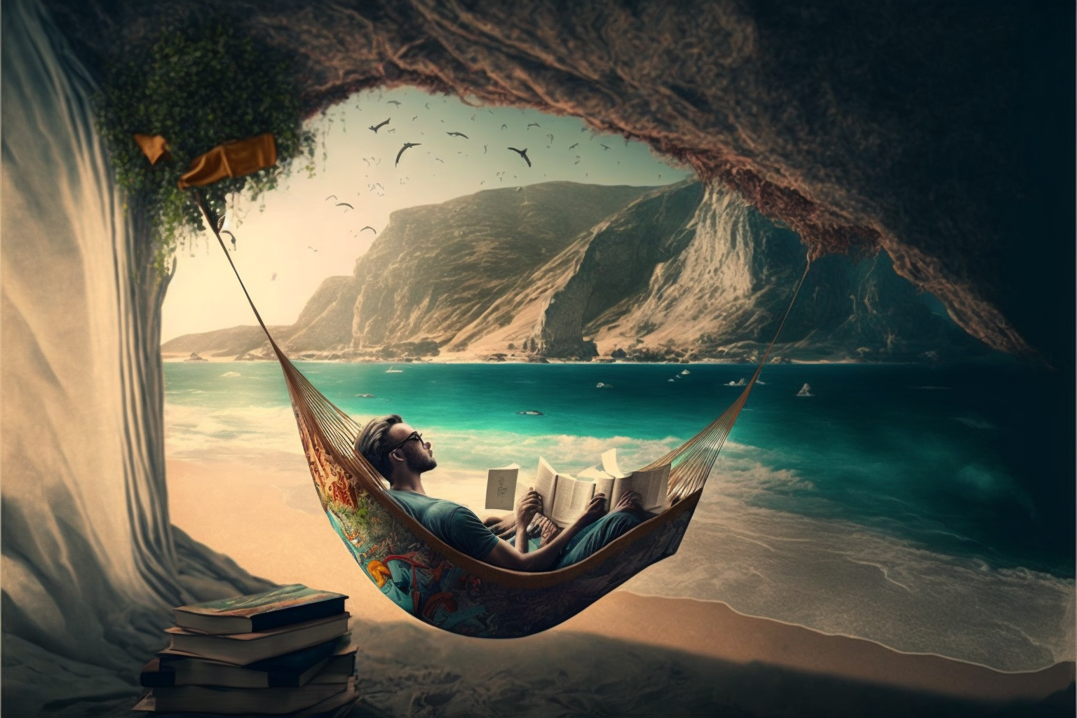 man on an island, reading, natural tent