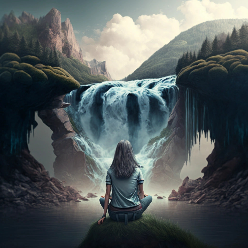 woman at a waterfall crossing, surreal nature, no stress, no anxiety, only relaxation