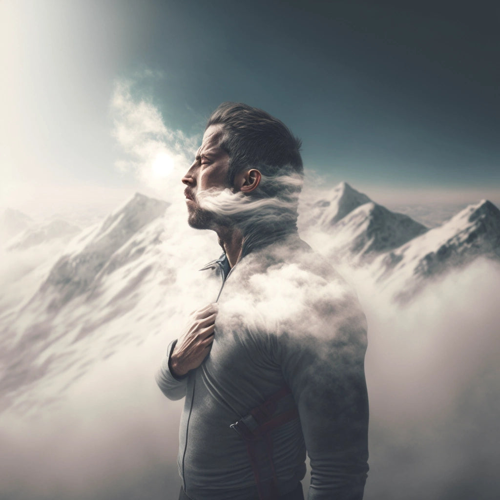 man in the mountains, breathing fresh air, almost looking like clouds