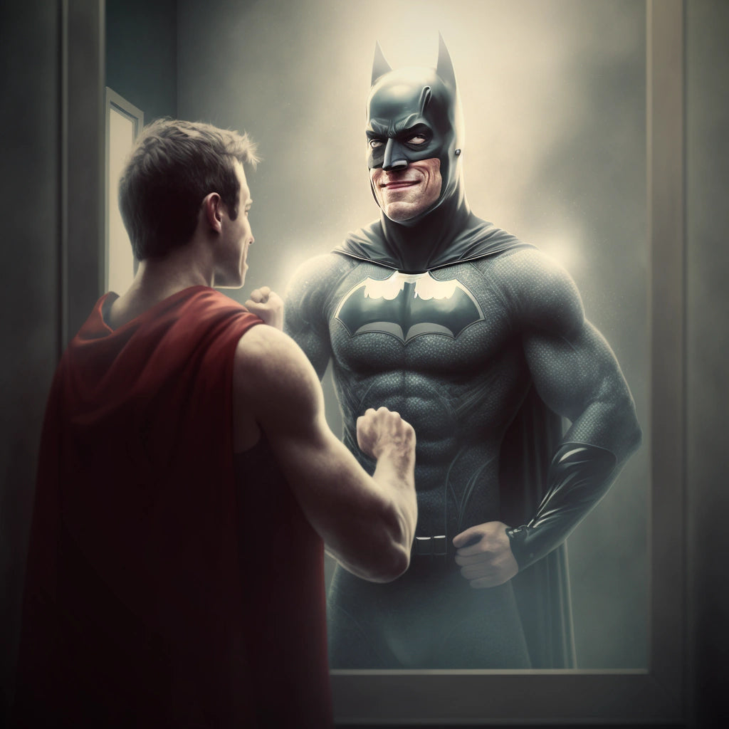 normal man looking in the mirror, seeing himself as a superhero, in a Batman costume