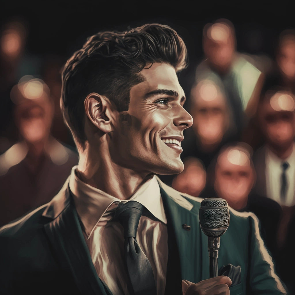 man with a microphone smiling confident while surrounded by a well dressed crowd