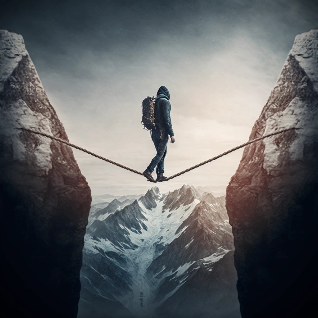 courageous person waling on a rope between two cliffs, having no fear of failure