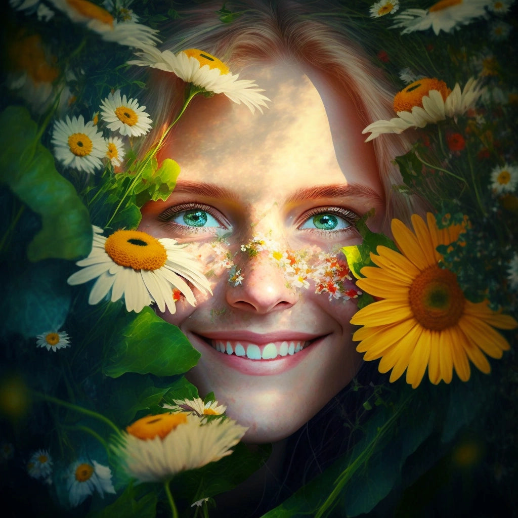 woman surrounded by flowers, mindfulness about her senses