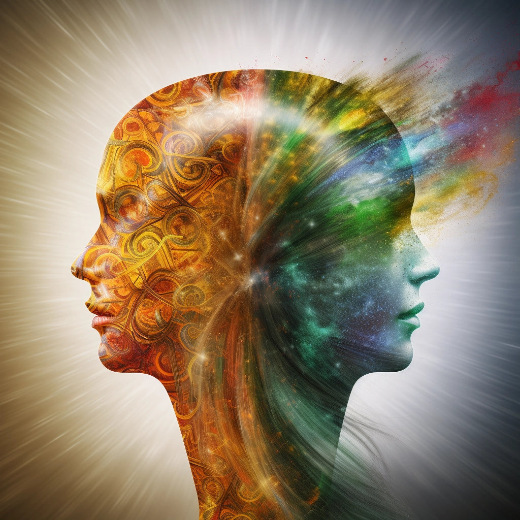 An illustration depicting the transformative power of hypnotherapy trance in achieving emotional stability and balance by harnessing creative energy from inner conflicts. The image highlights the right and left hemispheres of the brain, showcasing their roles in emotion, imagination, language, and analytical thinking, as well as the use of metaphors, parables, and stories to communicate with both intellectual and emotional aspects of the brain.